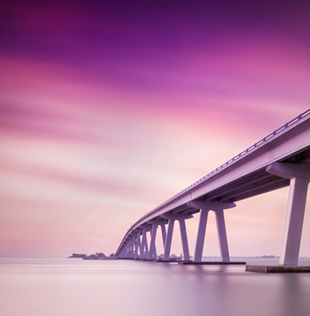 Split image: Purple section with 'Global Healthcare Gateway' text describing VIATRIS HEALTHCARE GATEWAY™, alongside a serene view of a long bridge stretching across water under a purple and pink sunset sky.