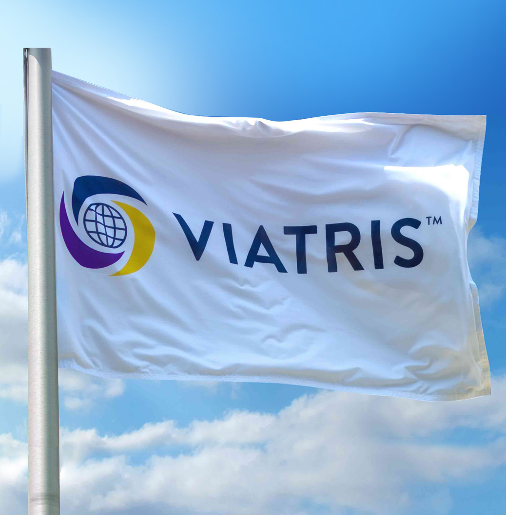 Split image: Purple section with text 'Viatris redefines the healthcare landscape through strong leadership', alongside Viatris logo on a white flag against a blue sky.