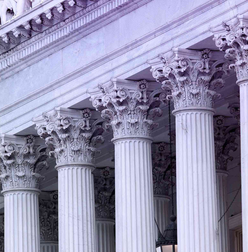 Split image: Purple section with 'Public Policy' text describing Viatris' commitment to healthcare access, alongside a view of classical columns from a government building, symbolizing policy and legislation.